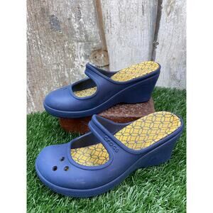 Crocs Frances Mary Jane Navy Blue Wedge Clogs Sandals US Women's 7